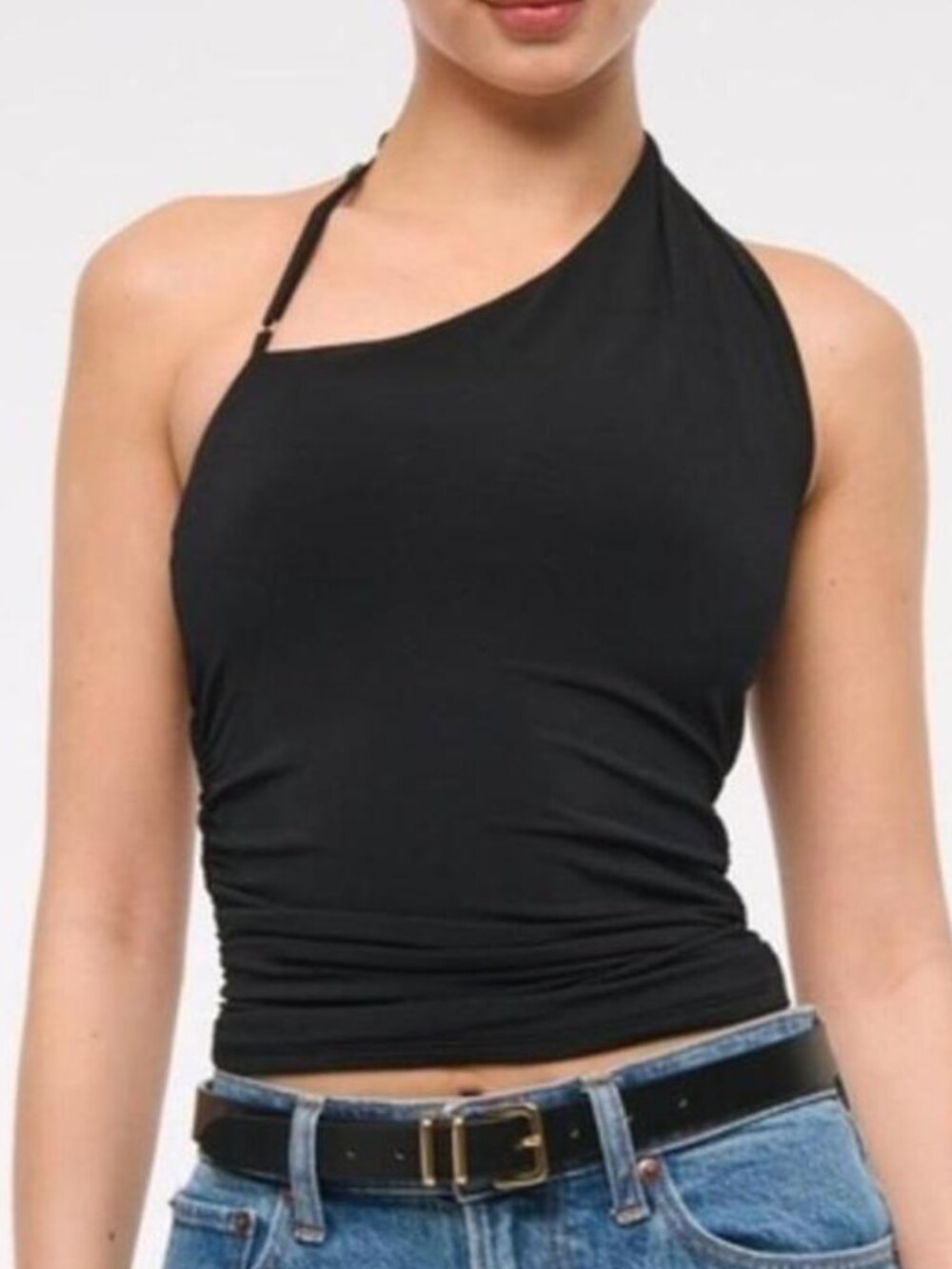 Black One Shoulder Ruched Halter Top - Picture 4 of 4